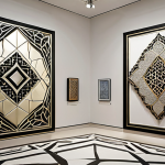 **A Riyadh art gallery showcasing contemporary jewelry by Noura Al Saud, inspired by Islamic geometric patterns, crafted in white gold and diamonds. Focus on the minimalist yet luxurious aesthetic.**