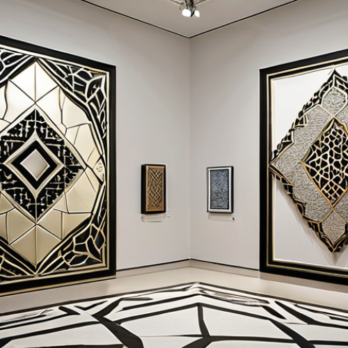 **A Riyadh art gallery showcasing contemporary jewelry by Noura Al Saud, inspired by Islamic geometric patterns, crafted in white gold and diamonds. Focus on the minimalist yet luxurious aesthetic.**