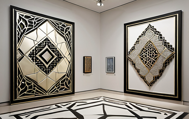 **A Riyadh art gallery showcasing contemporary jewelry by Noura Al Saud, inspired by Islamic geometric patterns, crafted in white gold and diamonds. Focus on the minimalist yet luxurious aesthetic.**