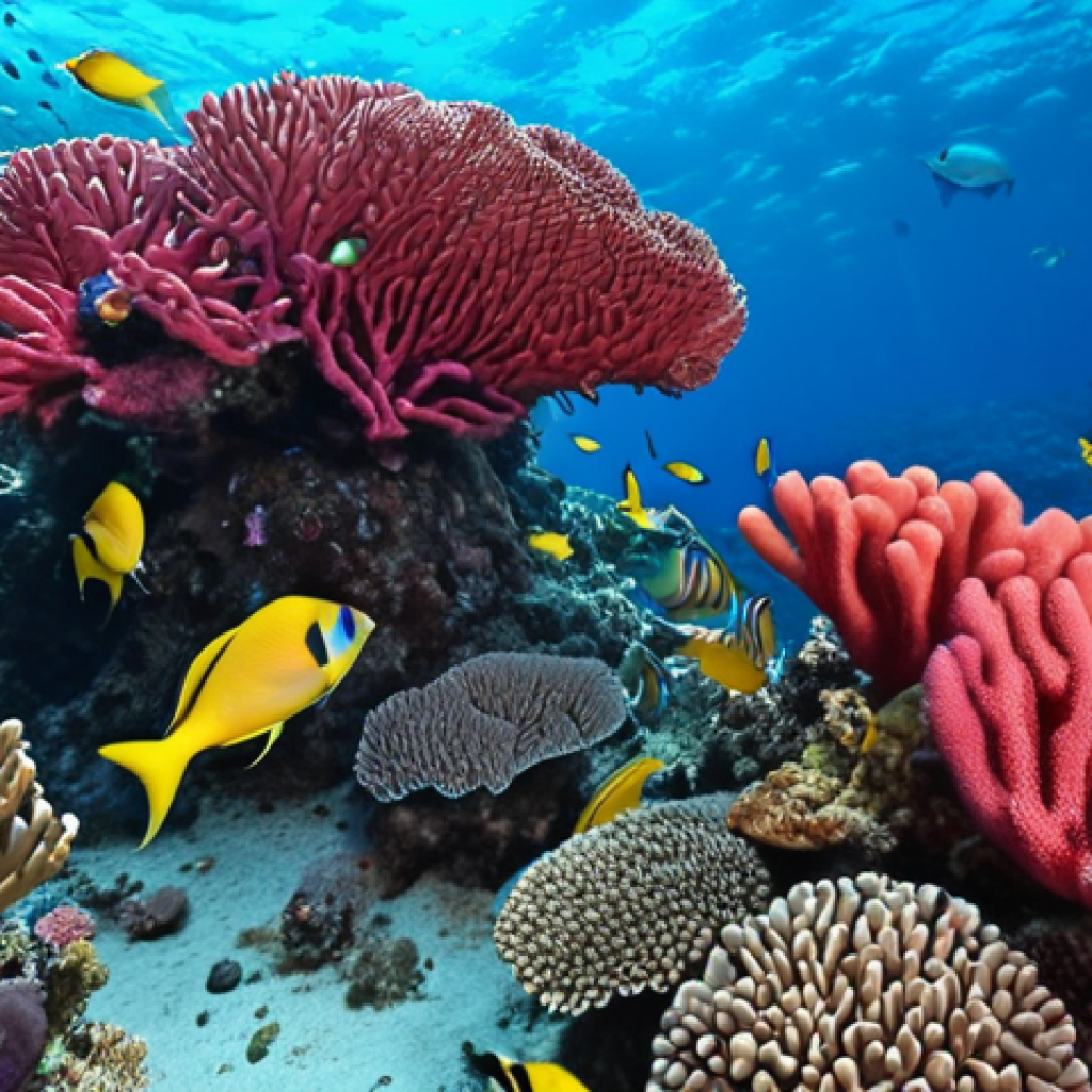 **Vibrant coral reef in the Red Sea, teeming with colorful fish, divers exploring the underwater paradise.** (Focus on the Red Sea section)
