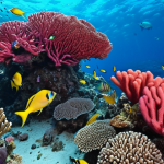 **Vibrant coral reef in the Red Sea, teeming with colorful fish, divers exploring the underwater paradise.** (Focus on the Red Sea section)