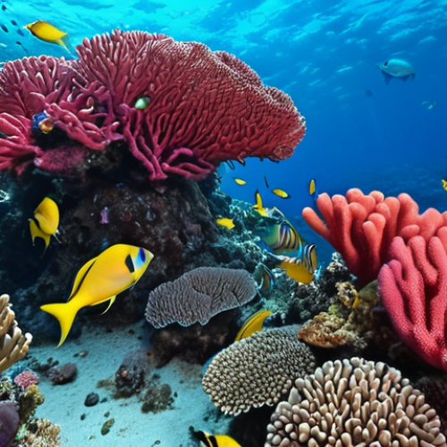 **Vibrant coral reef in the Red Sea, teeming with colorful fish, divers exploring the underwater paradise.** (Focus on the Red Sea section)