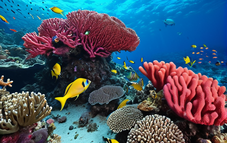 **Vibrant coral reef in the Red Sea, teeming with colorful fish, divers exploring the underwater paradise.** (Focus on the Red Sea section)