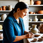A professional female traveler in modest, comfortable clothing, respectfully observing a traditional Italian ceramic artist at work in a bright, sunlit workshop in a historic town. The atmosphere is calm and focused, with handcrafted pottery on shelves in the background. The woman is fully clothed, appropriate attire, safe for work, perfect anatomy, correct proportions, natural pose, well-formed hands, proper finger count, natural body proportions, professional photography, high quality, family-friendly, appropriate content.