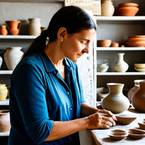 A professional female traveler in modest, comfortable clothing, respectfully observing a traditional Italian ceramic artist at work in a bright, sunlit workshop in a historic town. The atmosphere is calm and focused, with handcrafted pottery on shelves in the background. The woman is fully clothed, appropriate attire, safe for work, perfect anatomy, correct proportions, natural pose, well-formed hands, proper finger count, natural body proportions, professional photography, high quality, family-friendly, appropriate content.