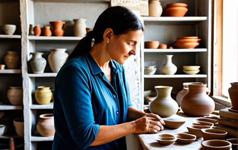 A professional female traveler in modest, comfortable clothing, respectfully observing a traditional Italian ceramic artist at work in a bright, sunlit workshop in a historic town. The atmosphere is calm and focused, with handcrafted pottery on shelves in the background. The woman is fully clothed, appropriate attire, safe for work, perfect anatomy, correct proportions, natural pose, well-formed hands, proper finger count, natural body proportions, professional photography, high quality, family-friendly, appropriate content.