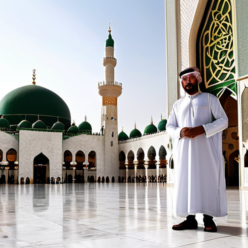 Traditional Saudi Arabia**
"A traditionally dressed Saudi man in a *thobe* and *keffiyeh*, standing in front of the Al-Masjid an-Nabawi (Prophet's Mosque) in Medina. The mosque is depicted in stunning detail, bathed in warm light. Fully clothed, appropriate attire, safe for work. Perfect anatomy, correct proportions, natural pose, professional photography, high quality. Modest."
**