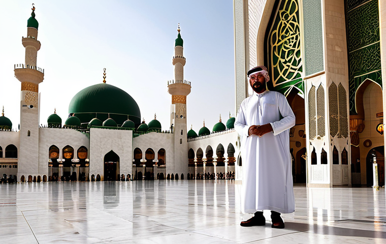 Traditional Saudi Arabia**

"A traditionally dressed Saudi man in a *thobe* and *keffiyeh*, standing in front of the Al-Masjid an-Nabawi (Prophet's Mosque) in Medina. The mosque is depicted in stunning detail, bathed in warm light. Fully clothed, appropriate attire, safe for work. Perfect anatomy, correct proportions, natural pose, professional photography, high quality. Modest."

**