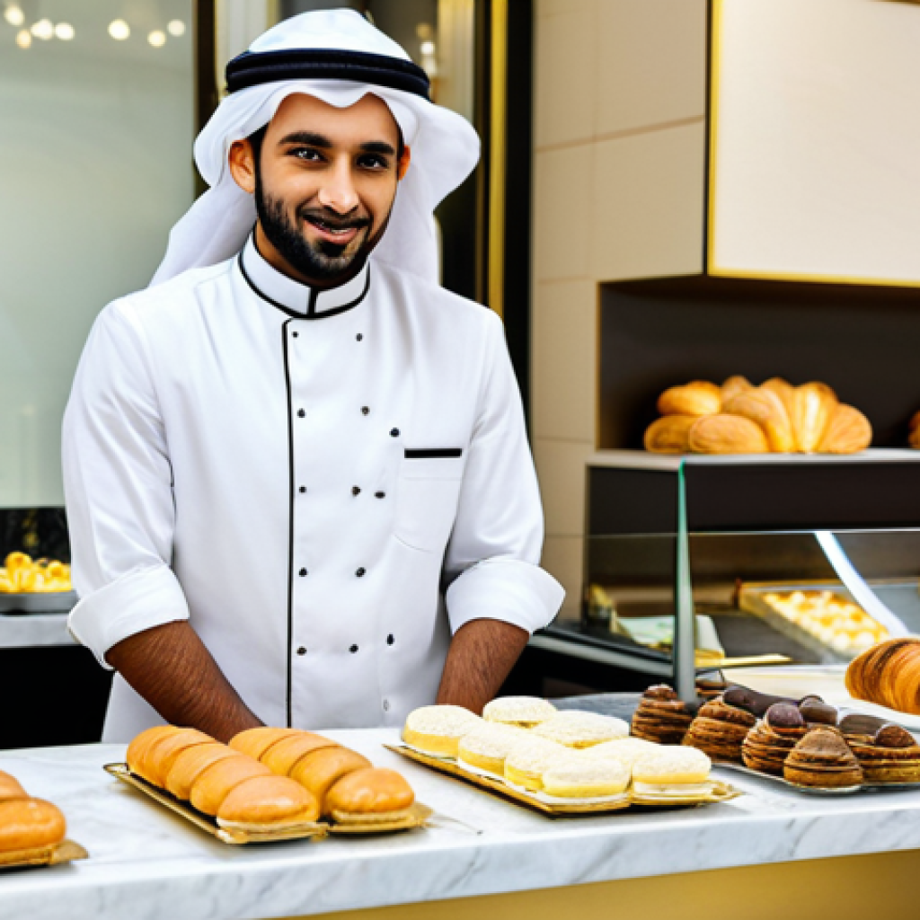 Modern Dessert Shop Display**

"A beautifully arranged display of modern Saudi desserts in a brightly lit bakery. Focus on a cardamom macaron, and a date-filled croissant. Marble countertops, gold accents, clean and elegant design, fully clothed staff in professional uniforms, safe for work, appropriate content, professional photography, high quality, perfect anatomy, natural proportions, family-friendly"

**