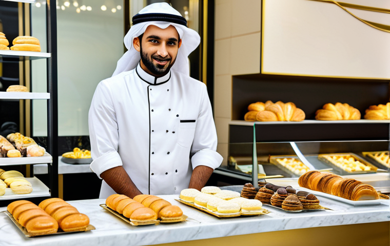 Modern Dessert Shop Display**
"A beautifully arranged display of modern Saudi desserts in a brightly lit bakery. Focus on a cardamom macaron, and a date-filled croissant. Marble countertops, gold accents, clean and elegant design, fully clothed staff in professional uniforms, safe for work, appropriate content, professional photography, high quality, perfect anatomy, natural proportions, family-friendly"
**