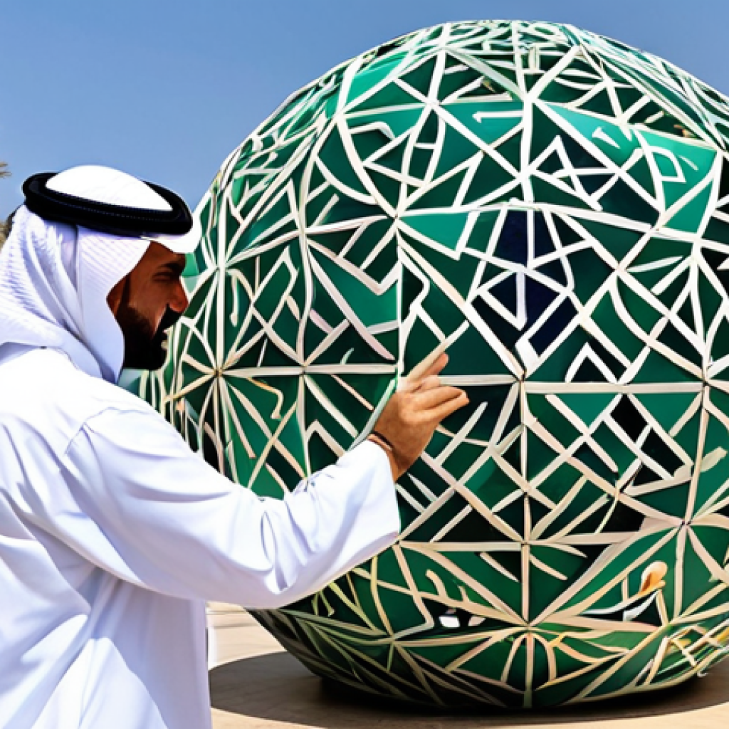 **

"A vibrant public art installation in Riyadh, Saudi Arabia. The artwork is a large, interactive sculpture made from recycled materials, incorporating Arabic calligraphy and geometric patterns. People are interacting with the art, touching and exploring it. In the background are modern buildings and palm trees. The scene is daytime with bright, natural lighting. Fully clothed people. Safe for work, appropriate content, professional, modest, family-friendly, perfect anatomy, correct proportions, natural pose, well-formed hands, proper finger count, natural body proportions, high quality."

**