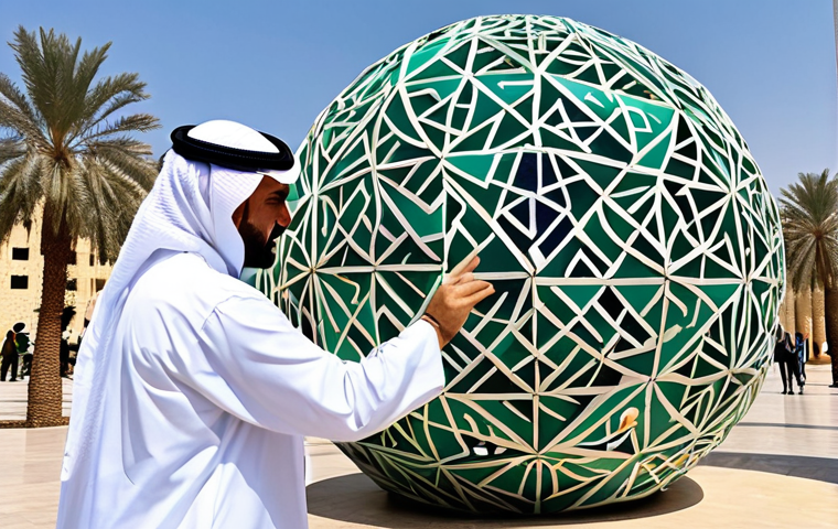 **
"A vibrant public art installation in Riyadh, Saudi Arabia. The artwork is a large, interactive sculpture made from recycled materials, incorporating Arabic calligraphy and geometric patterns. People are interacting with the art, touching and exploring it. In the background are modern buildings and palm trees. The scene is daytime with bright, natural lighting. Fully clothed people. Safe for work, appropriate content, professional, modest, family-friendly, perfect anatomy, correct proportions, natural pose, well-formed hands, proper finger count, natural body proportions, high quality."
**