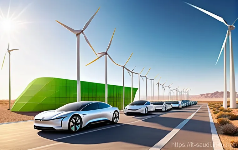 사우디아라비아의 전기차 산업 현황 - **Prompt 1: The Desert Electrifies - A Green Oasis of Innovation**
A panoramic, high-angle shot ...