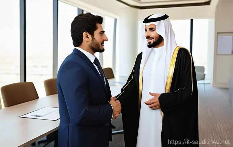 사우디아라비아 비즈니스 매너와 에티켓 - **Prompt:** A sophisticated Italian businesswoman and a Saudi businessman engaged in a formal first ...