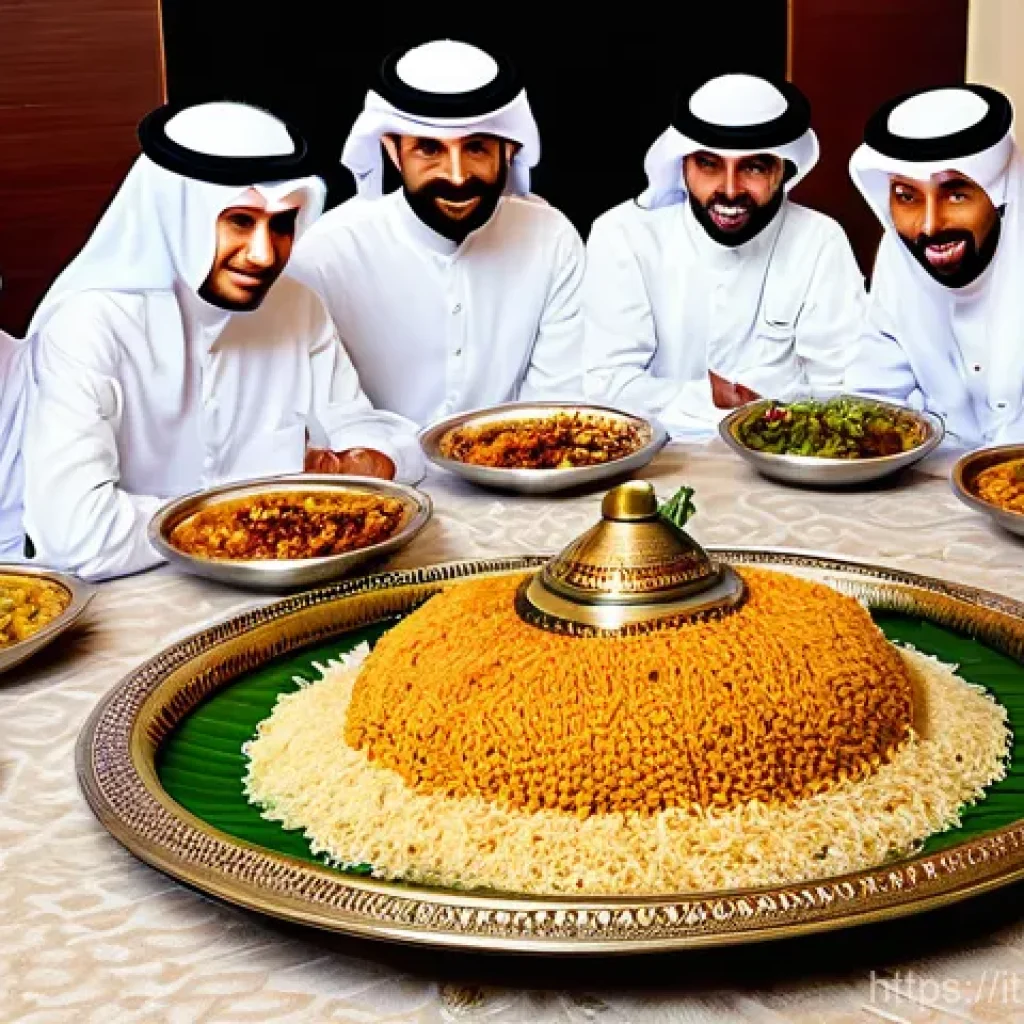 사우디아라비아 요리 강좌 및 클래스 - **A vibrant scene of a traditional Saudi Kabsa meal being shared amongst a family or group of friend...