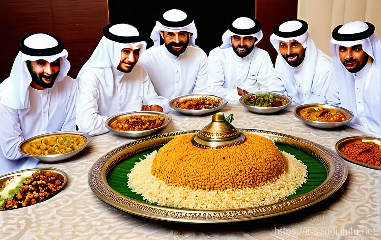 사우디아라비아 요리 강좌 및 클래스 - **A vibrant scene of a traditional Saudi Kabsa meal being shared amongst a family or group of friend...
