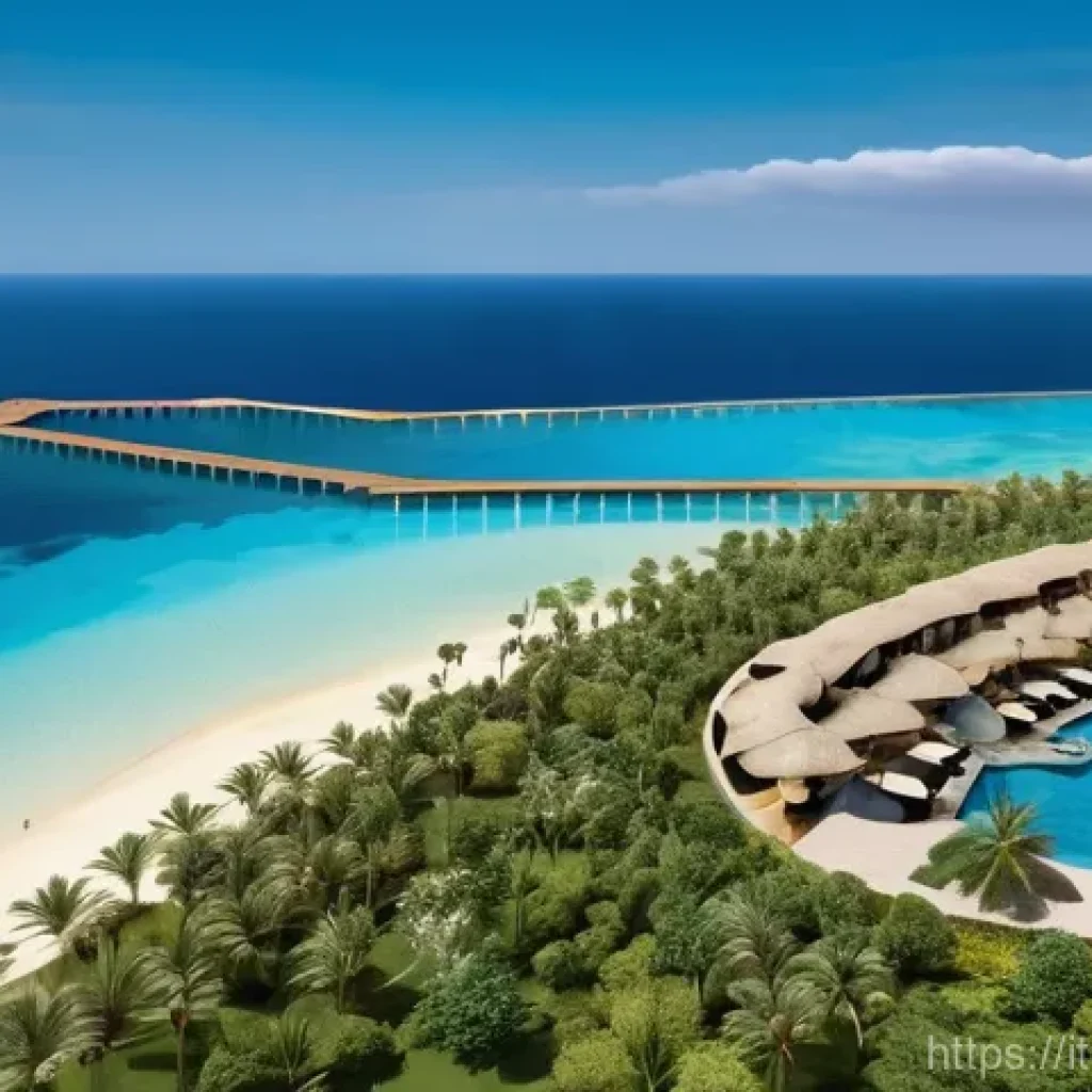 사우디아라비아 주요 투자처와 산업 발전 - **Prompt:** A breathtaking aerial view of a luxurious, sustainable resort nestled on the pristine, t...