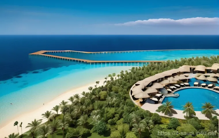 사우디아라비아 주요 투자처와 산업 발전 - **Prompt:** A breathtaking aerial view of a luxurious, sustainable resort nestled on the pristine, t...