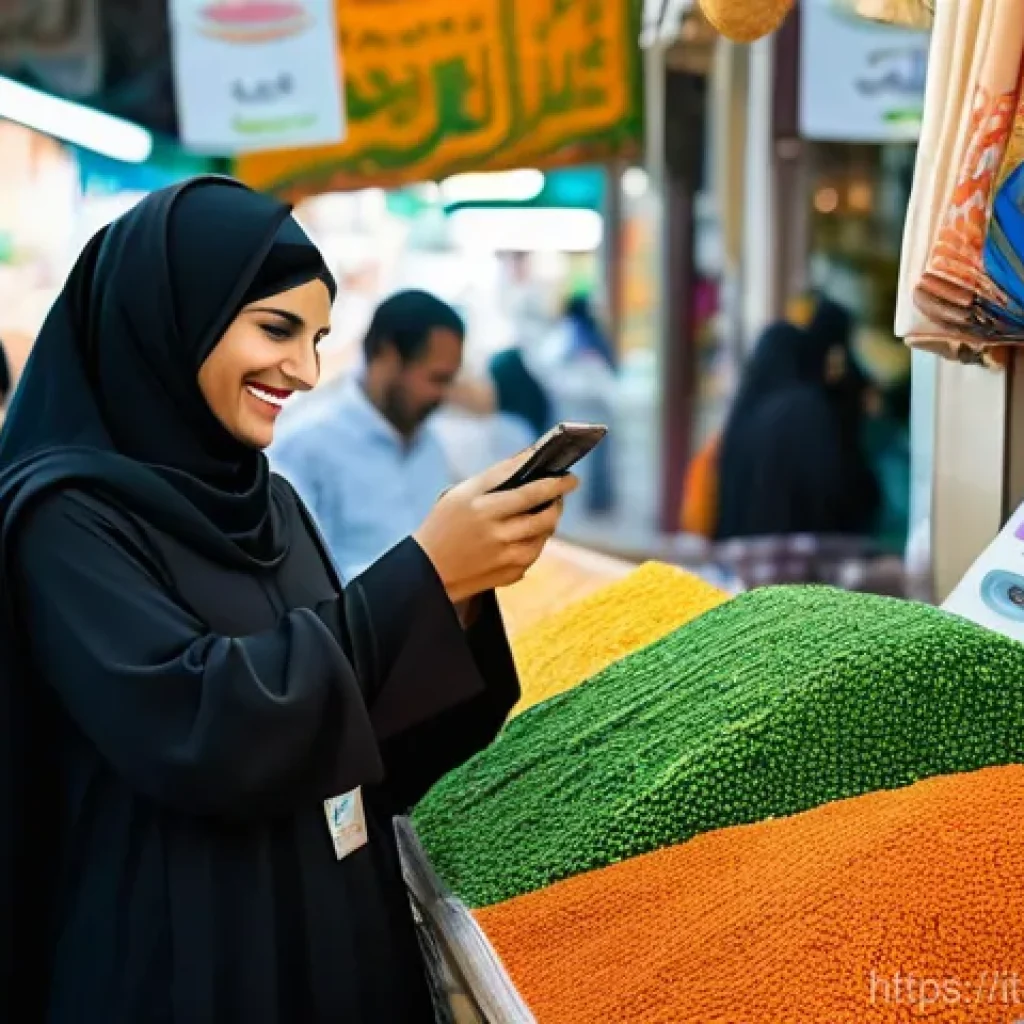 사우디 리얄 환율과 환전 팁 - **Prompt:** A bustling, vibrant souk in Saudi Arabia. In the foreground, a female traveler with cont...