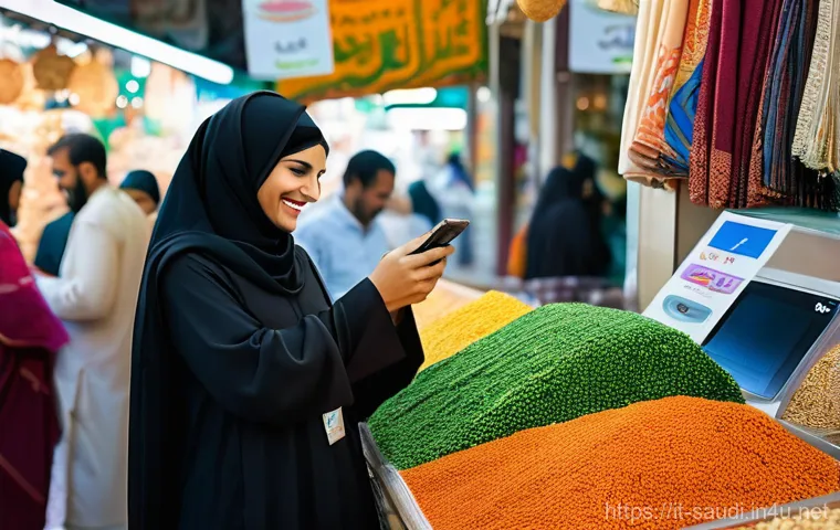 사우디 리얄 환율과 환전 팁 - **Prompt:** A bustling, vibrant souk in Saudi Arabia. In the foreground, a female traveler with cont...
