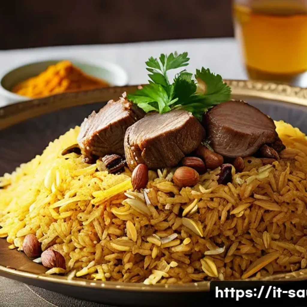 현지 요리 캅사와 마그루바 - **Prompt:** A close-up, highly detailed shot of a steaming, opulent Kabsa dish, overflowing on a lar...