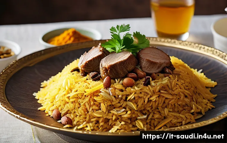 현지 요리   캅사와 마그루바 - **Prompt:** A close-up, highly detailed shot of a steaming, opulent Kabsa dish, overflowing on a lar...