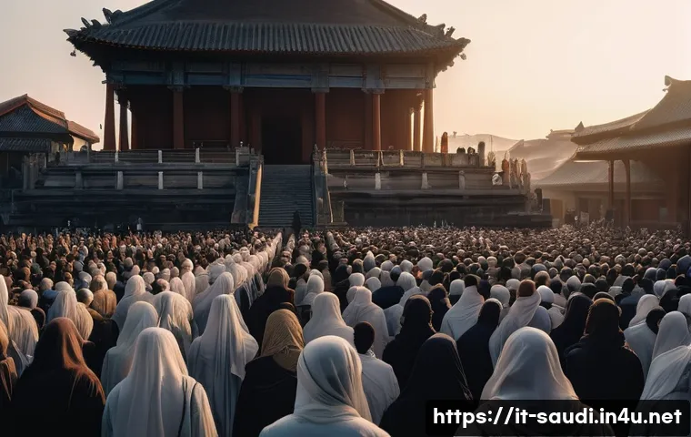 하즈와 우므라 순례의 차이점 - **Prompt:** A vast crowd of diverse people from all over the world, united in purpose, moving in a c...