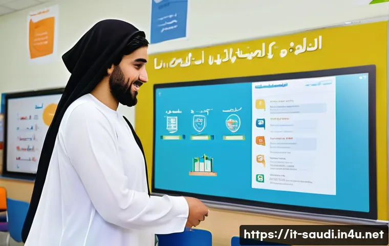 사우디아라비아 교육 시스템 학교 대학 - A modern Saudi Arabian classroom scene showcasing digital transformation: students of diverse backgr...