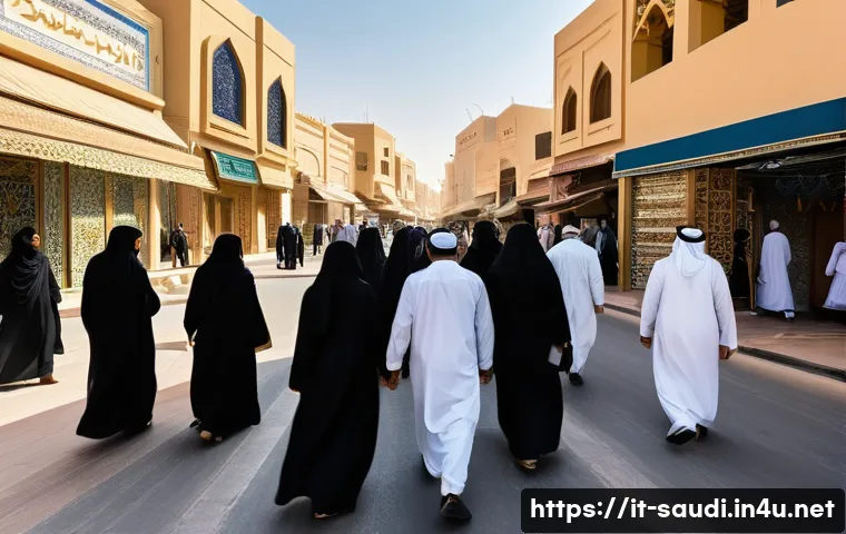 사우디아라비아에서 이슬람 율법의 적용 사례 - A detailed street scene in Riyadh, Saudi Arabia, showcasing daily life under Sharia law: men and wom...