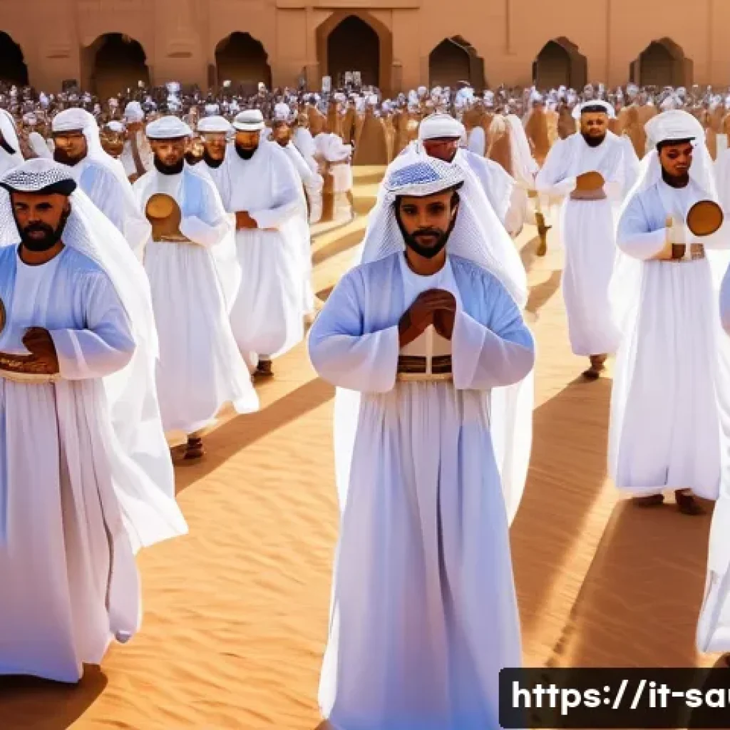 사우디아라비아 전통춤 아르다 사우디 검춤 - A detailed scene of a traditional Saudi Arda dance performance during a national celebration, featur...