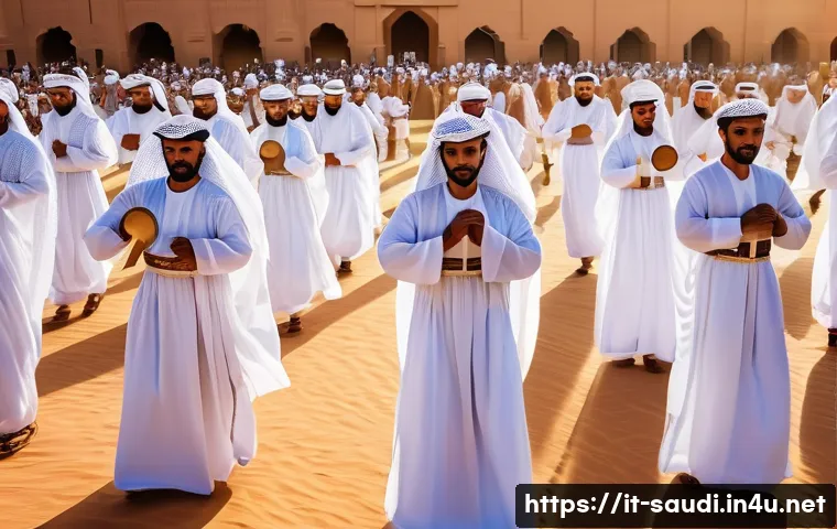 사우디아라비아 전통춤 아르다 사우디 검춤 - A detailed scene of a traditional Saudi Arda dance performance during a national celebration, featur...