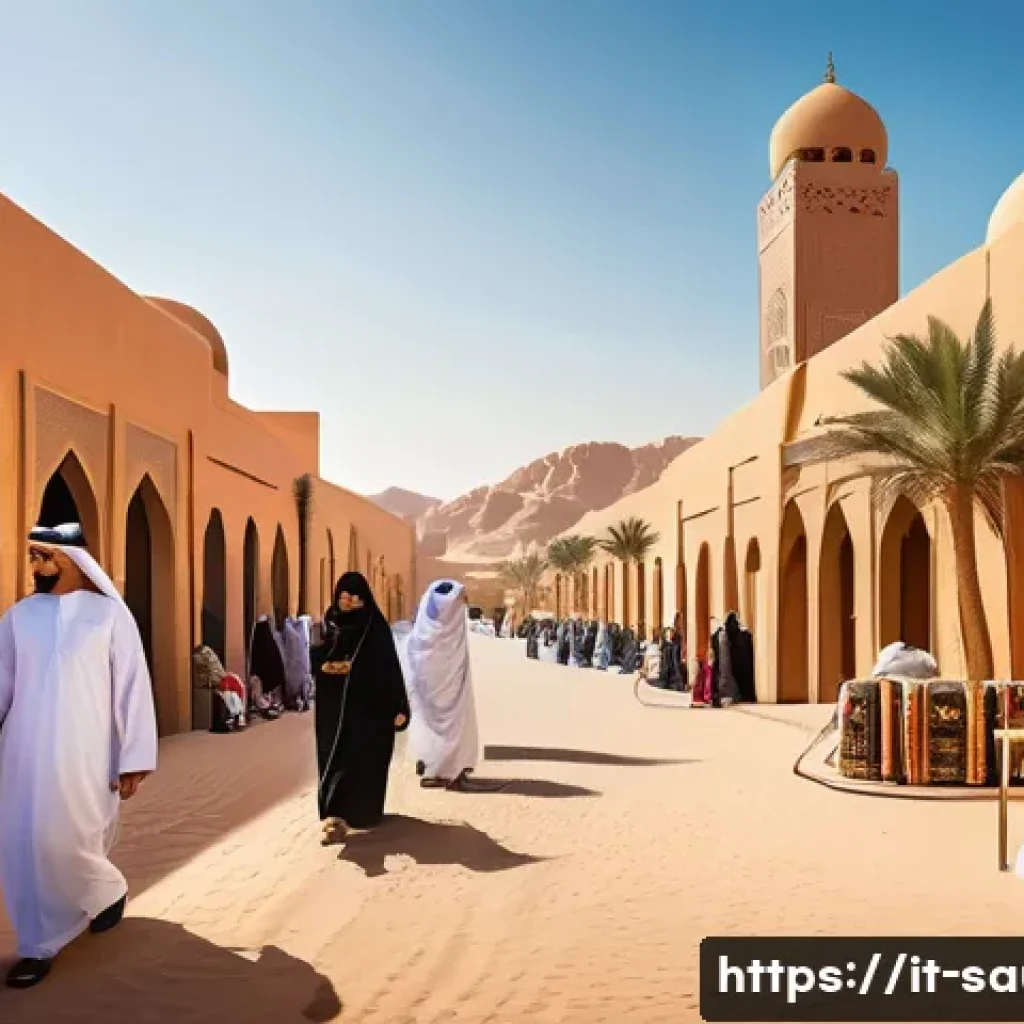 사우디아라비아의 주요 다큐멘터리 및 방송 프로그램 - A vibrant and detailed scene depicting a traditional Saudi Arabian marketplace blending past and pre...