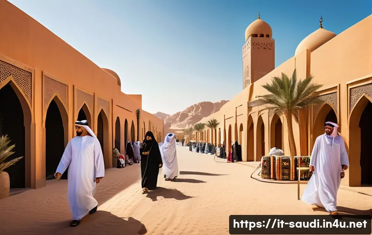 사우디아라비아의 주요 다큐멘터리 및 방송 프로그램 - A vibrant and detailed scene depicting a traditional Saudi Arabian marketplace blending past and pre...
