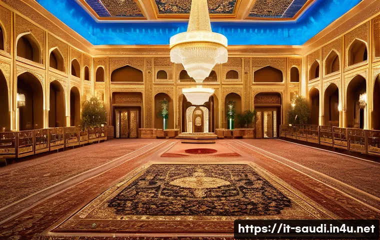 사우디아라비아 왕실 결혼식 및 관련 의전 - A grand Saudi royal wedding hall inside a historic palace, lavishly decorated with vibrant fresh flo...