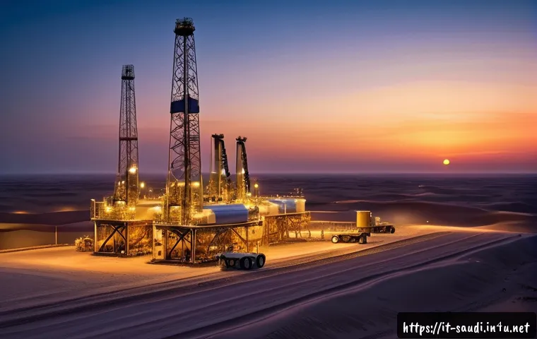 사우디아라비아의 석유산업 역사 - A futuristic oil drilling site in Saudi Arabia showcasing advanced horizontal drilling rigs and hydr...