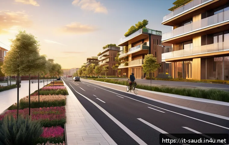 사우디아라비아의 신도시 개발 프로젝트 - A futuristic smart city street scene at sunset in Italy, showcasing advanced home automation and AI ...