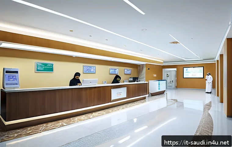 사우디아라비아의 의료 관광 병원 치료비용 - A modern Saudi Arabian hospital reception area, showcasing a clean, well-lit environment with Arabic...