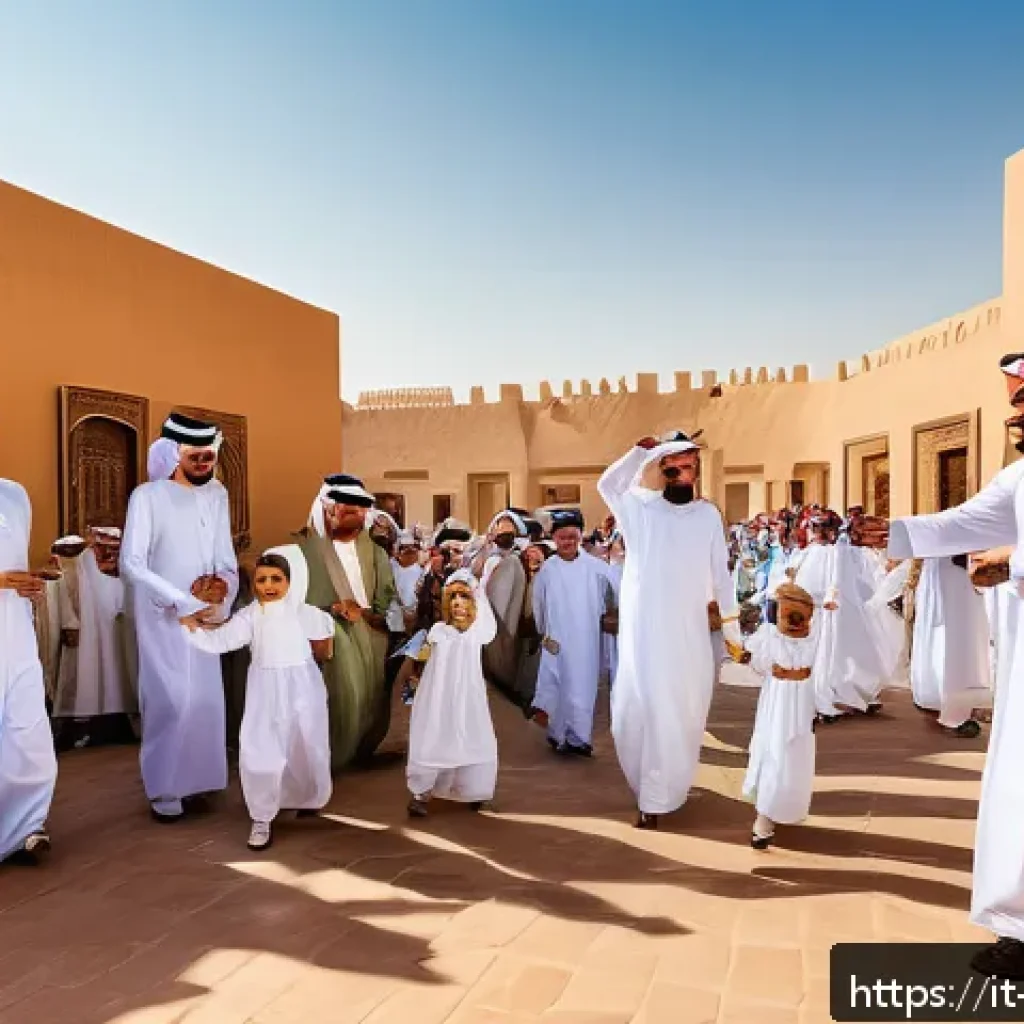 사우디아라비아의 전통 놀이와 어린이 문화 - A vibrant traditional Saudi Arabian family gathering outdoors during a national festival, featuring ...