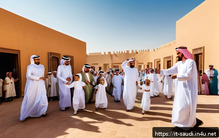 사우디아라비아의 전통 놀이와 어린이 문화 - A vibrant traditional Saudi Arabian family gathering outdoors during a national festival, featuring ...