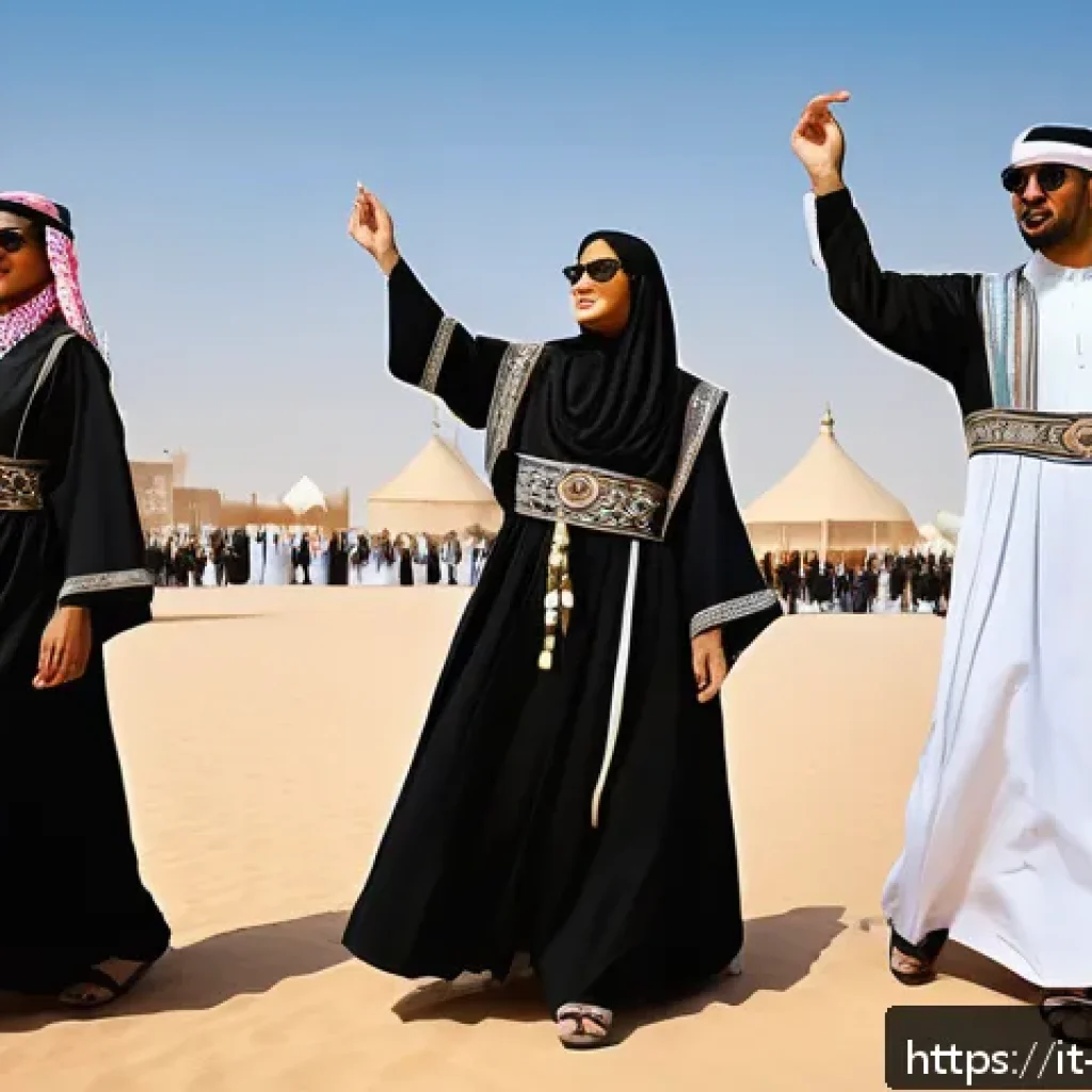 사우디아라비아의 민족 구성 - A vibrant scene at the Janadriyah Festival in Saudi Arabia featuring a diverse group of men and wome...