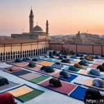 Home 20 이슬람 예배 시간과 규칙 - A serene early morning scene depicting a diverse group of people performing the Fajr prayer just bef...