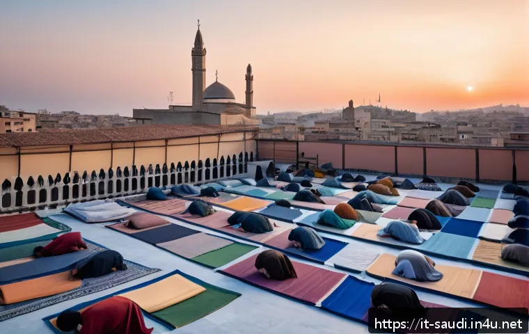 이슬람 예배 시간과 규칙 - A serene early morning scene depicting a diverse group of people performing the Fajr prayer just bef...