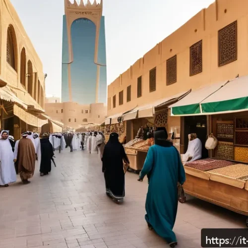 Home 31 사우디아라비아 관광 비자 면제 국가 - A vibrant street scene in Riyadh blending traditional and modern architecture: ancient Masmak Fort a...