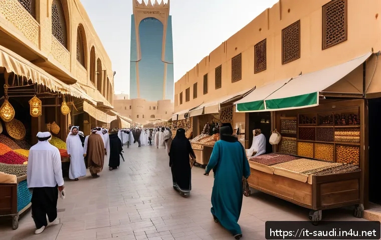 사우디아라비아 관광 비자 면제 국가 - A vibrant street scene in Riyadh blending traditional and modern architecture: ancient Masmak Fort a...