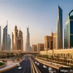 Home 18 석유 산업이 사우디아라비아에 미친 영향 - A vibrant modern Saudi Arabian cityscape at sunset, featuring towering skyscrapers, bustling streets...