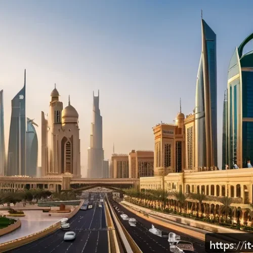 Home 30 석유 산업이 사우디아라비아에 미친 영향 - A vibrant modern Saudi Arabian cityscape at sunset, featuring towering skyscrapers, bustling streets...