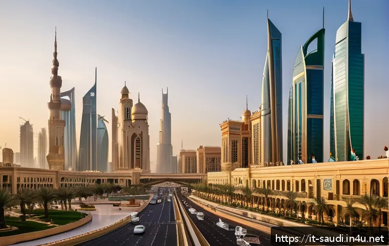 석유 산업이 사우디아라비아에 미친 영향 - A vibrant modern Saudi Arabian cityscape at sunset, featuring towering skyscrapers, bustling streets...