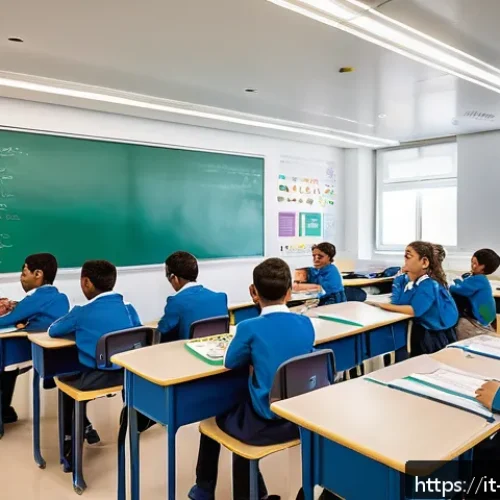 Home 17 사우디아라비아에서의 국제학교 및 교육 환경 - A modern international school classroom in Riyadh, Saudi Arabia, showcasing a diverse group of stude...