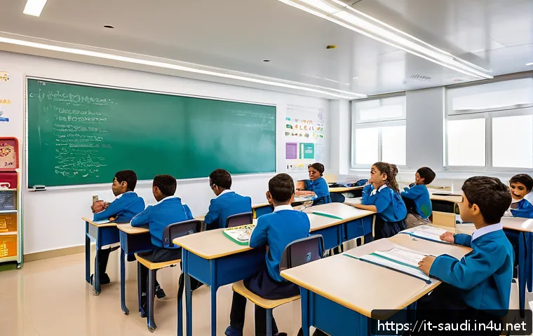 사우디아라비아에서의 국제학교 및 교육 환경 - A modern international school classroom in Riyadh, Saudi Arabia, showcasing a diverse group of stude...