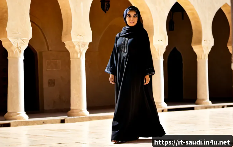 Home 17 사우디아라비아 전통 복장 아바야와 구트라 - Photorealistic full-length portrait of a Saudi woman wearing an elegant flowing black abaya with sub...